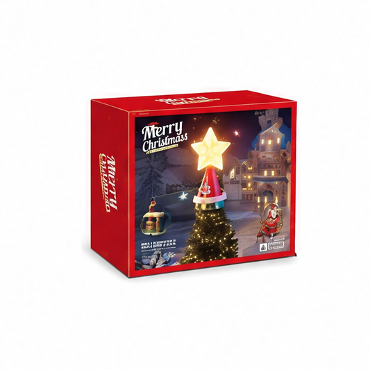 JupiGlow Christmas Tree Topper with Star Base, Santa Sleigh and Snowman Lift, USB Charging, Fits Tree Tops Under 3 cm