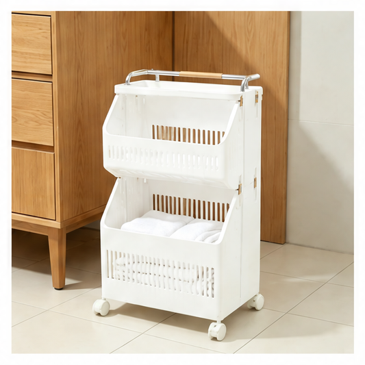 JupiGlow 2-Tier Rolling Laundry Basket, Collapsible Clothes Hamper with 4 Wheels, 2 Brakes, PP Body and Narrow Design
