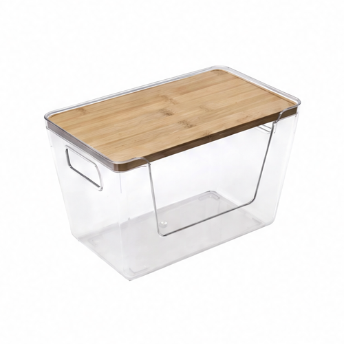 JupiGlow Stackable Pantry Bin with Wooden Lid, Clear PET Produce Storage Organizer, Built-In Handles for Countertops, Cabinets and Under-Sink Spaces