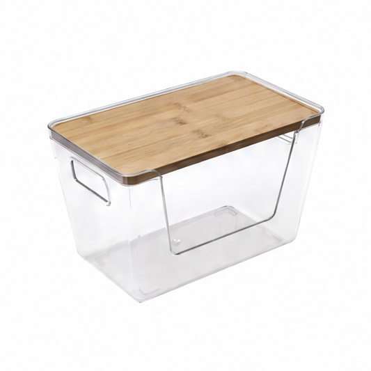 JupiGlow Stackable Pantry Bin with Wooden Lid, Clear PET Produce Storage Organizer, Built-In Handles for Countertops, Cabinets and Under-Sink Spaces