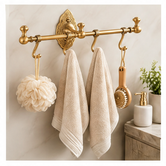 JupiGlow Wall Mounted Towel Rack, H59 Brass Retro Gold Holder with 4 Hooks, Brushed Finish, Approx. 7.5 kg Capacity
