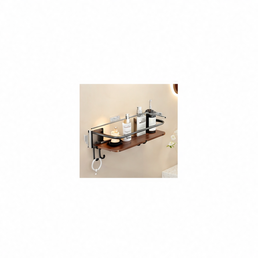 JupiGlow Wood Wall Shelf Shower Caddy, Adhesive No-Drill Bathroom Rack with Metal Frame, Reusable Multi-Use Storage, 30–50 cm Options
