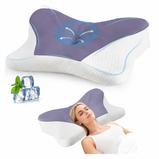 JupiGlow Memory Foam Neck Pillow, Ergonomic Contour Design, Dual Heights, Cooling Mesh Cover for Travel and Sleep