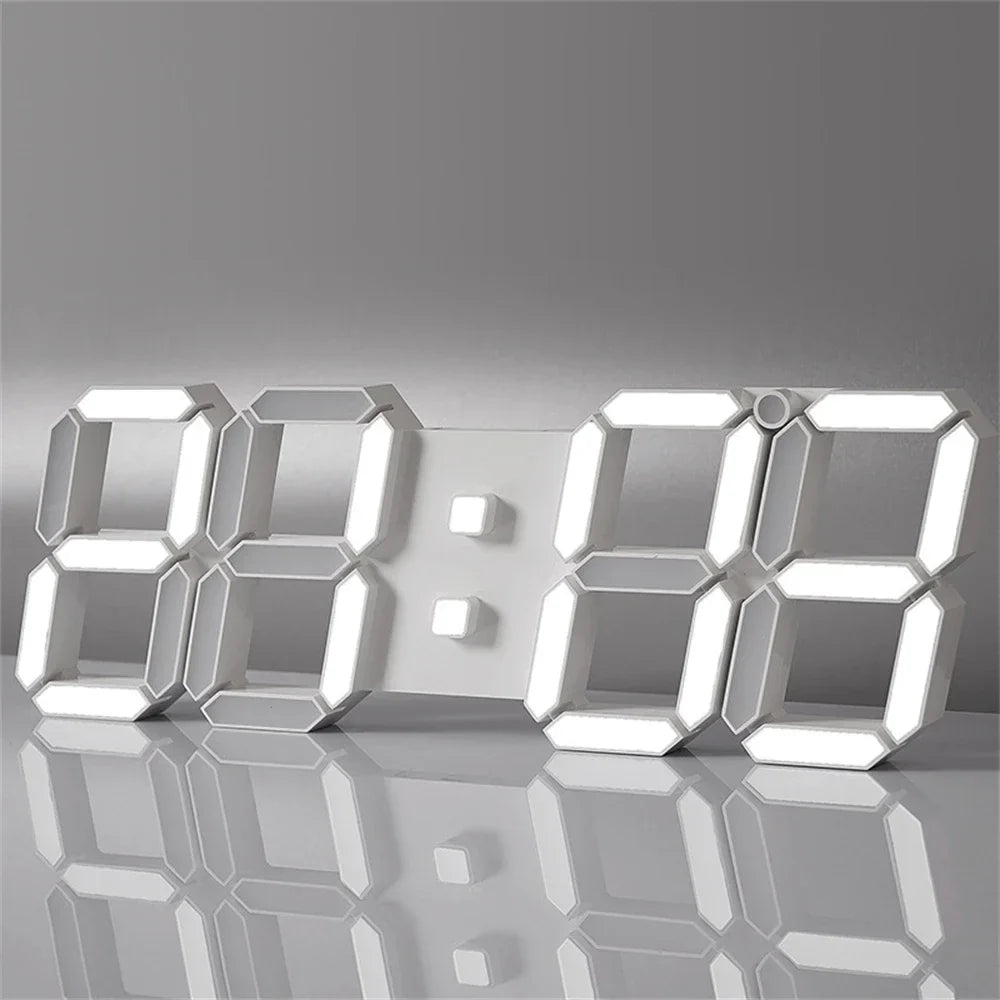 Modern Digital Wall Clock, 3D LED Luminous Geometric Plastic Design for Living Room Décor, White Frame - product view 2