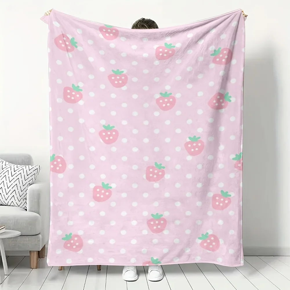 Pink Strawberry Polka Dot Flannel Throw Blanket, Soft Lightweight Printed Polyester Blanket for Bedroom, Sofa, Travel and Picnic - product view 1