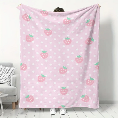 Pink Strawberry Polka Dot Flannel Throw Blanket, Soft Lightweight Printed Polyester Blanket for Bedroom, Sofa, Travel and Picnic - product view 1