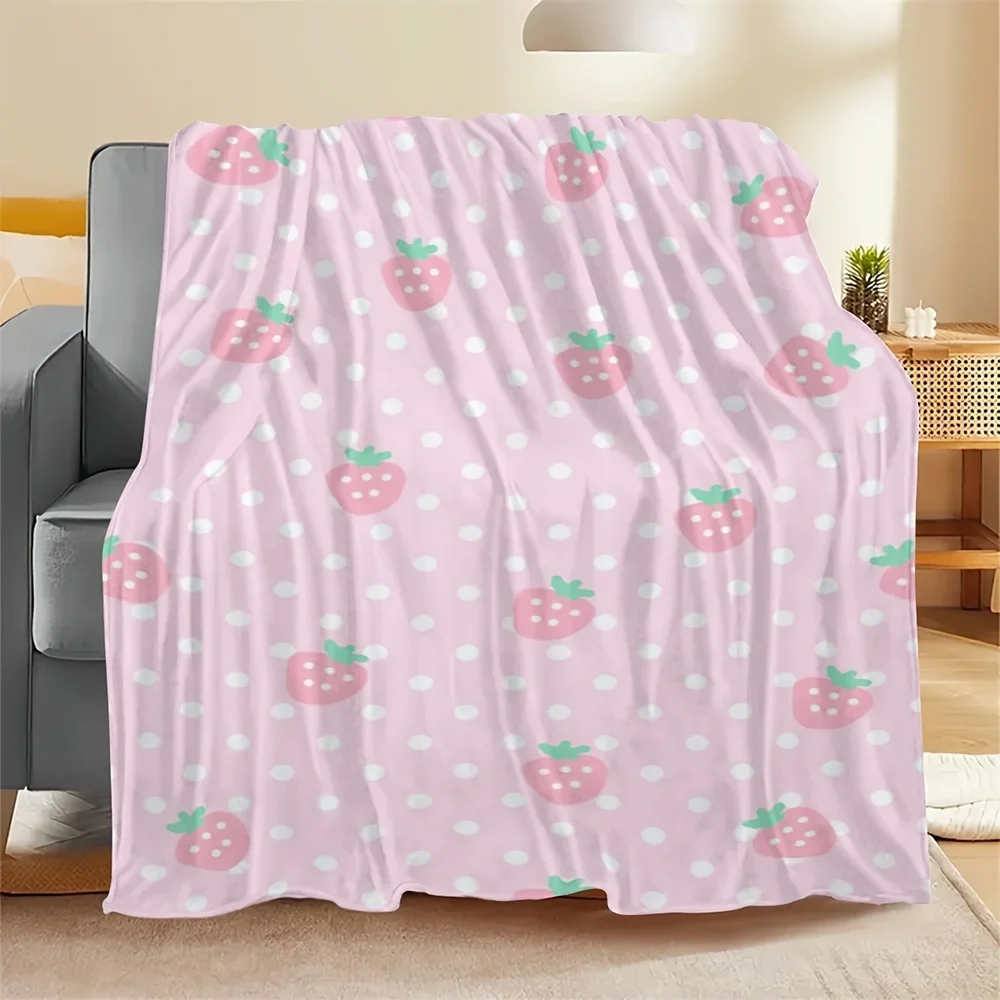Pink Strawberry Polka Dot Flannel Throw Blanket, Soft Lightweight Printed Polyester Blanket for Bedroom, Sofa, Travel and Picnic - product view 2