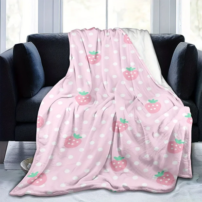 Pink Strawberry Polka Dot Flannel Throw Blanket, Soft Lightweight Printed Polyester Blanket for Bedroom, Sofa, Travel and Picnic - product view 3