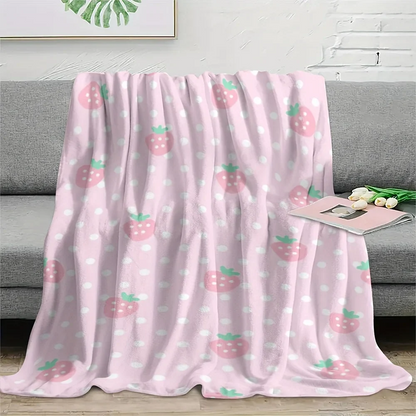 Pink Strawberry Polka Dot Flannel Throw Blanket, Soft Lightweight Printed Polyester Blanket for Bedroom, Sofa, Travel and Picnic - product view 4