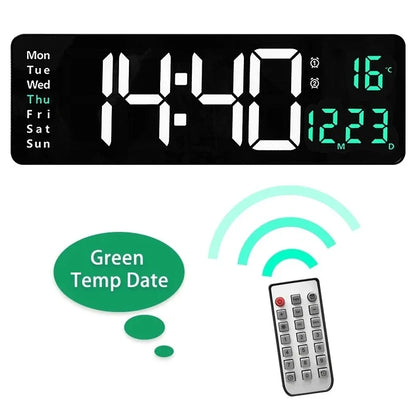 Modern Digital Wall Clock, Remote Control, Time, Date, Temperature and Week Display, 10 Brightness Levels, Dual Alarms - product view 2