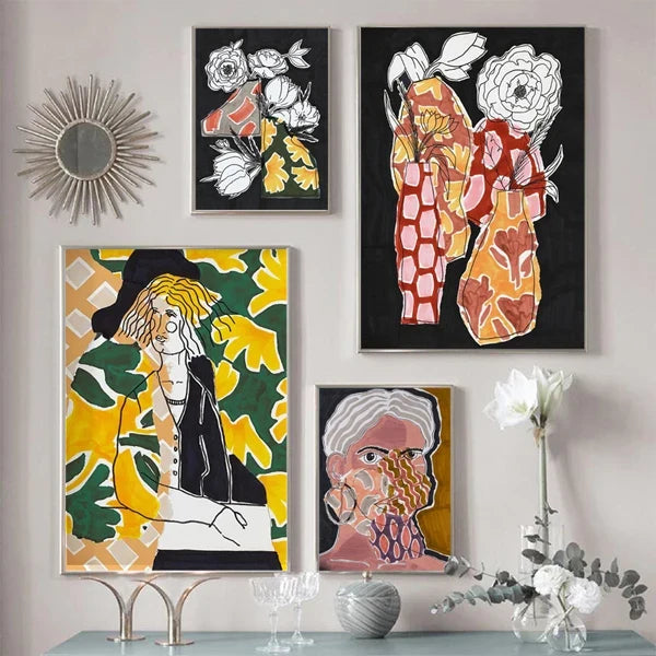Boho Abstract Floral Woman Canvas Print, Vertical Rectangle Gallery Wall Art, Unframed Sizes for Living Room Décor - product view 2