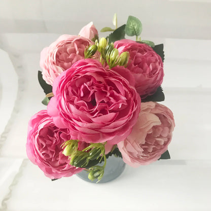 Silk Peony Artificial Flowers Bouquet, 30 cm, 5 Flower Heads, 4 Buds and Gypsophila for Home and Wedding Décor - product view 2
