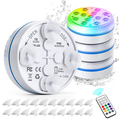 RGB Underwater Pool Light, IP68 Waterproof LED Submersible Lamp with RF Remote, 16 Colors, Timer and Suction Mount - product view 6