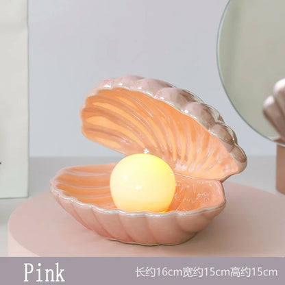 Ceramic Shell Pearl Night Light, Warm Yellow LED, Battery Powered, Detachable Pearl, Pink, White or Flashlight Style - product view 2