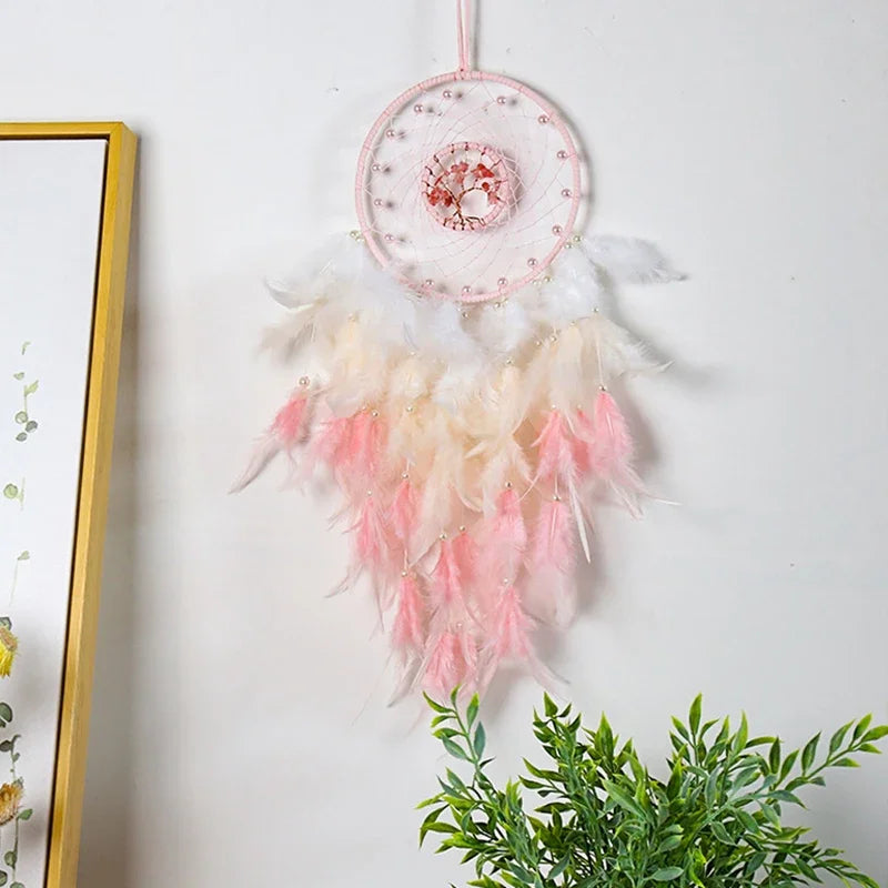 Tree of Life Dream Catcher Wall Hanging, Folk Art Dreamcatcher Décor with Feather Details, Numbered Designs and Optional Lights - product view 1