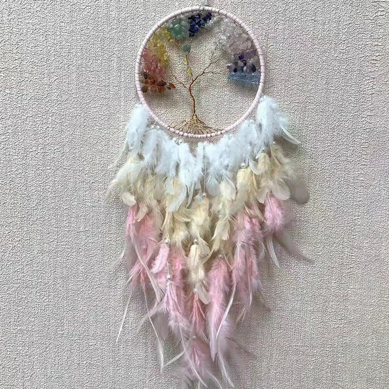 Tree of Life Dream Catcher Wall Hanging, Folk Art Dreamcatcher Décor with Feather Details, Numbered Designs and Optional Lights - product view 2