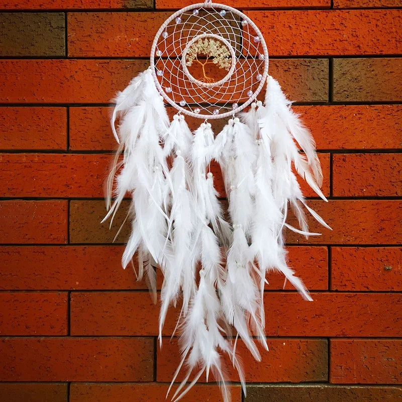 Tree of Life Dream Catcher Wall Hanging, Folk Art Dreamcatcher Décor with Feather Details, Numbered Designs and Optional Lights - product view 3