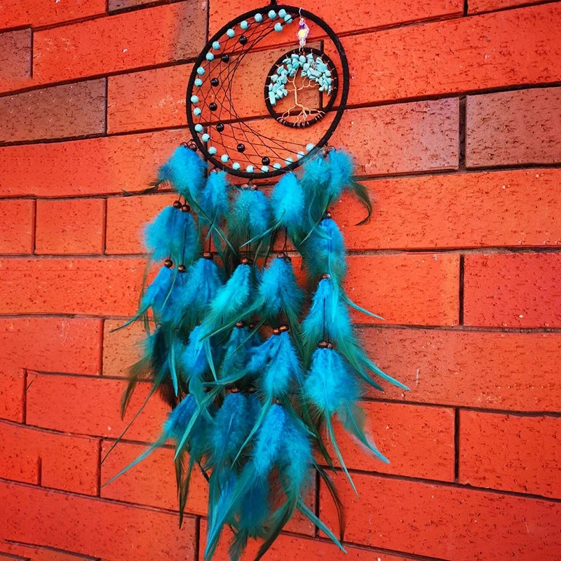 Tree of Life Dream Catcher Wall Hanging, Folk Art Dreamcatcher Décor with Feather Details, Numbered Designs and Optional Lights - product view 4