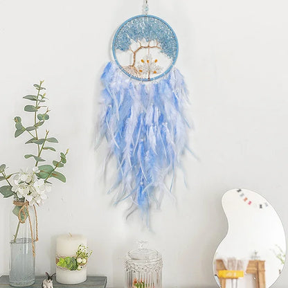 Tree of Life Dream Catcher Wall Hanging, Folk Art Dreamcatcher Décor with Feather Details, Numbered Designs and Optional Lights - product view 5