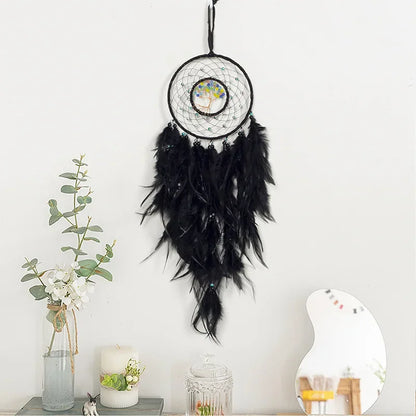 Tree of Life Dream Catcher Wall Hanging, Folk Art Dreamcatcher Décor with Feather Details, Numbered Designs and Optional Lights - product view 6