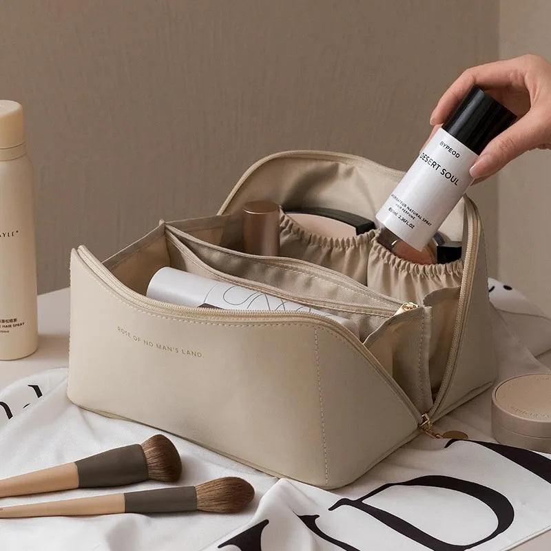 Large Travel Toiletry Bag, PU Leather Rectangular Cosmetic Organizer with Folding 3D Design, 23.5x10.5x11cm - product view 3