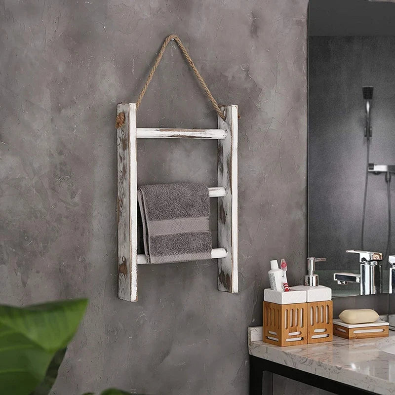 3-Tier Mini Wall-Hanging Towel Ladder, Whitewashed Rustic Storage Rack with Rope, 40 x 26 x 5.5cm - product view 1