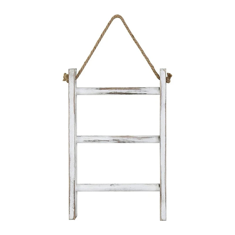 3-Tier Mini Wall-Hanging Towel Ladder, Whitewashed Rustic Storage Rack with Rope, 40 x 26 x 5.5cm - product view 2