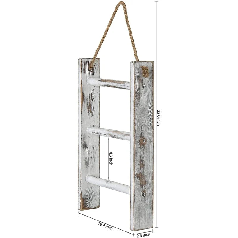 3-Tier Mini Wall-Hanging Towel Ladder, Whitewashed Rustic Storage Rack with Rope, 40 x 26 x 5.5cm - product view 3