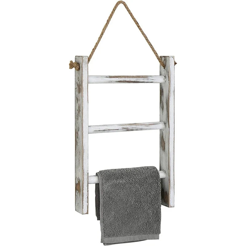 3-Tier Mini Wall-Hanging Towel Ladder, Whitewashed Rustic Storage Rack with Rope, 40 x 26 x 5.5cm - product view 5