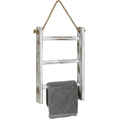 3-Tier Mini Wall-Hanging Towel Ladder, Whitewashed Rustic Storage Rack with Rope, 40 x 26 x 5.5cm - product view 5