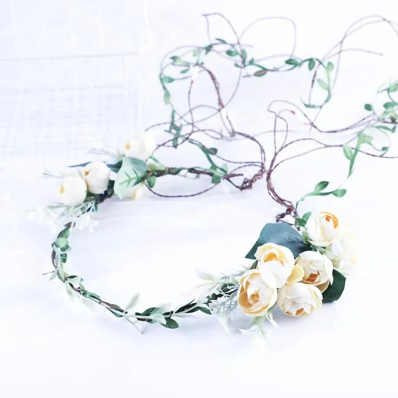 Adjustable Silk Flower Headband Wreath, 18 cm Round Floral Garland with Ribbon, Pink, Blue or Ivory for Weddings and Festivals - product view 1