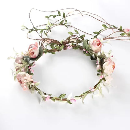 Adjustable Silk Flower Headband Wreath, 18 cm Round Floral Garland with Ribbon, Pink, Blue or Ivory for Weddings and Festivals - product view 4