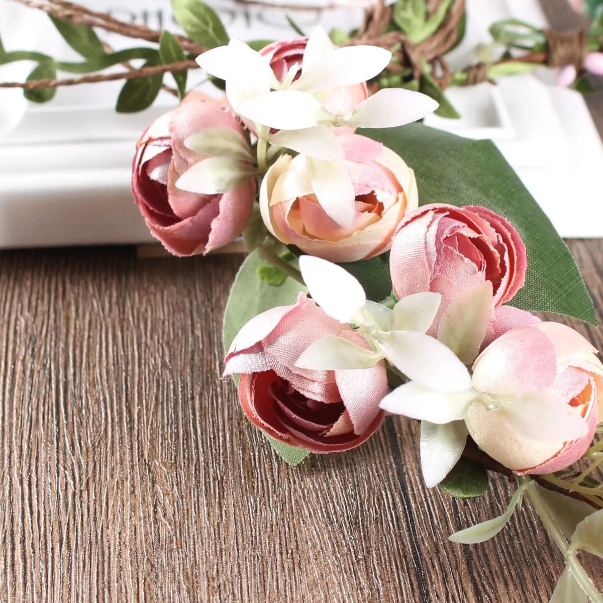 Adjustable Silk Flower Headband Wreath, 18 cm Round Floral Garland with Ribbon, Pink, Blue or Ivory for Weddings and Festivals - product view 6
