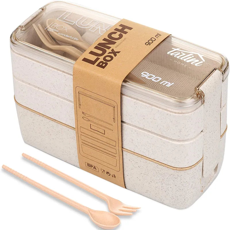 3-in-1 Wheat Fiber Bento Snack Containers, Stackable Leakproof Lunch Box with Dividers, Fork and Spoon, Microwave Safe - product view 1