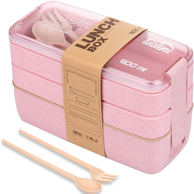 3-in-1 Wheat Fiber Bento Snack Containers, Stackable Leakproof Lunch Box with Dividers, Fork and Spoon, Microwave Safe - product view 2