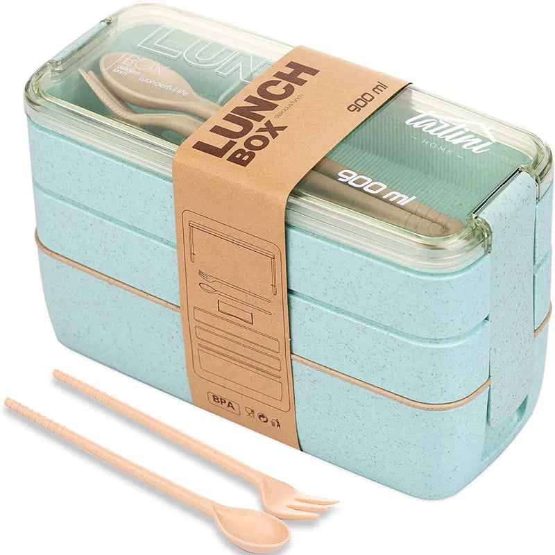 3-in-1 Wheat Fiber Bento Snack Containers, Stackable Leakproof Lunch Box with Dividers, Fork and Spoon, Microwave Safe - product view 3
