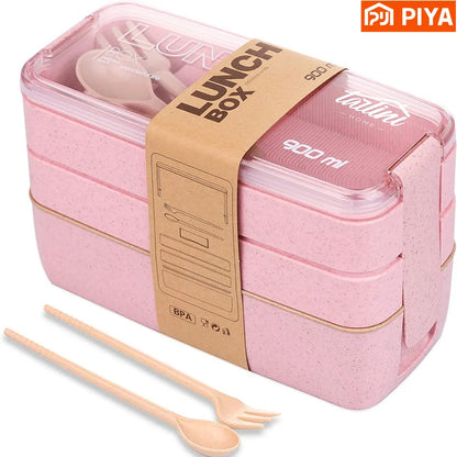 3-in-1 Wheat Fiber Bento Snack Containers, Stackable Leakproof Lunch Box with Dividers, Fork and Spoon, Microwave Safe - product view 4