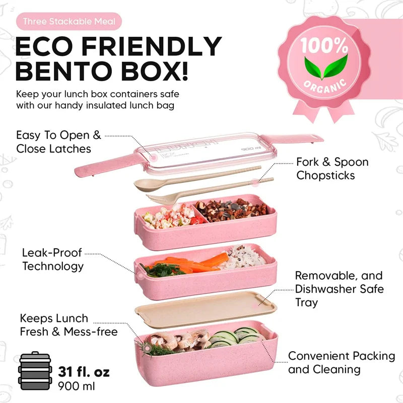 3-in-1 Wheat Fiber Bento Snack Containers, Stackable Leakproof Lunch Box with Dividers, Fork and Spoon, Microwave Safe - product view 5