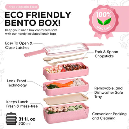 3-in-1 Wheat Fiber Bento Snack Containers, Stackable Leakproof Lunch Box with Dividers, Fork and Spoon, Microwave Safe - product view 5