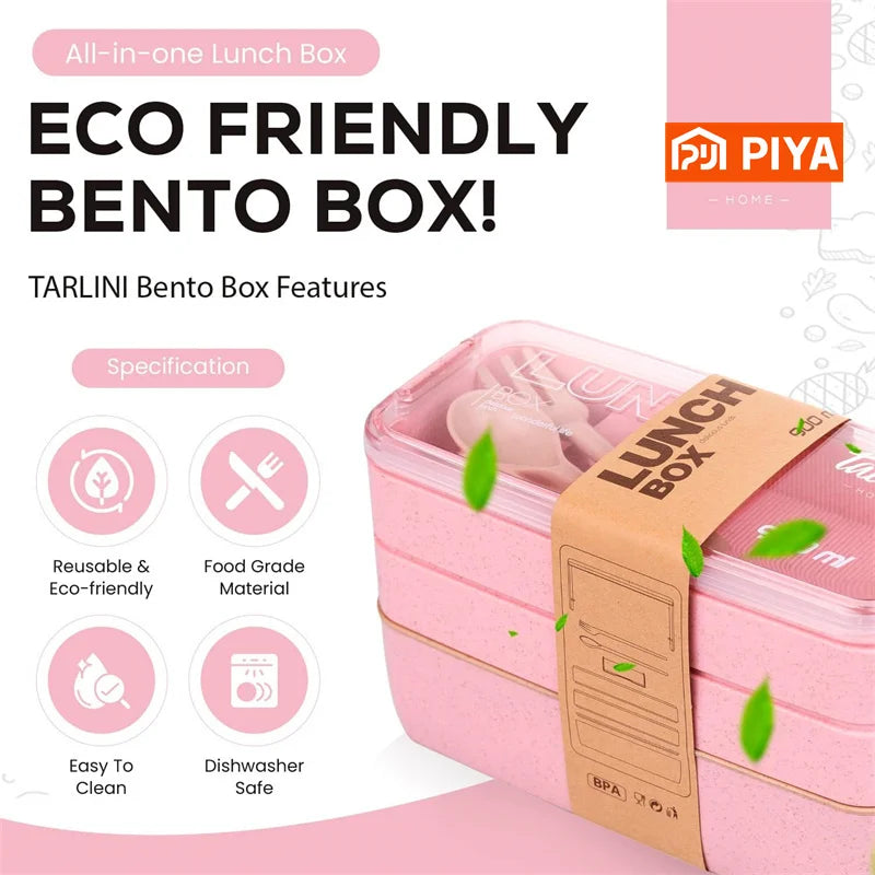 3-in-1 Wheat Fiber Bento Snack Containers, Stackable Leakproof Lunch Box with Dividers, Fork and Spoon, Microwave Safe - product view 6