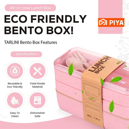 3-in-1 Wheat Fiber Bento Snack Containers, Stackable Leakproof Lunch Box with Dividers, Fork and Spoon, Microwave Safe - product view 6