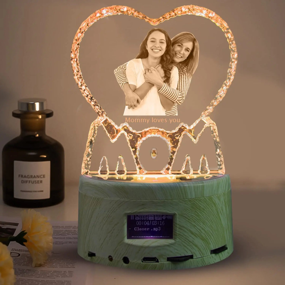 Custom Photo Crystal Night Light, Bluetooth Music Player, Rotating LED Base, USB Powered Gift for Dad, Mom or Couples - product view 3