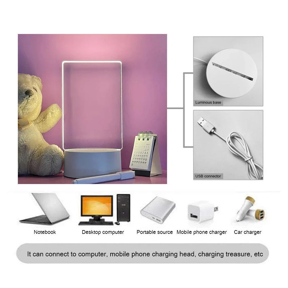 USB LED Message Board Night Light, Transparent Acrylic Writing Panel, Warm White Glow, Erasable Pen and Desktop Base - product view 6