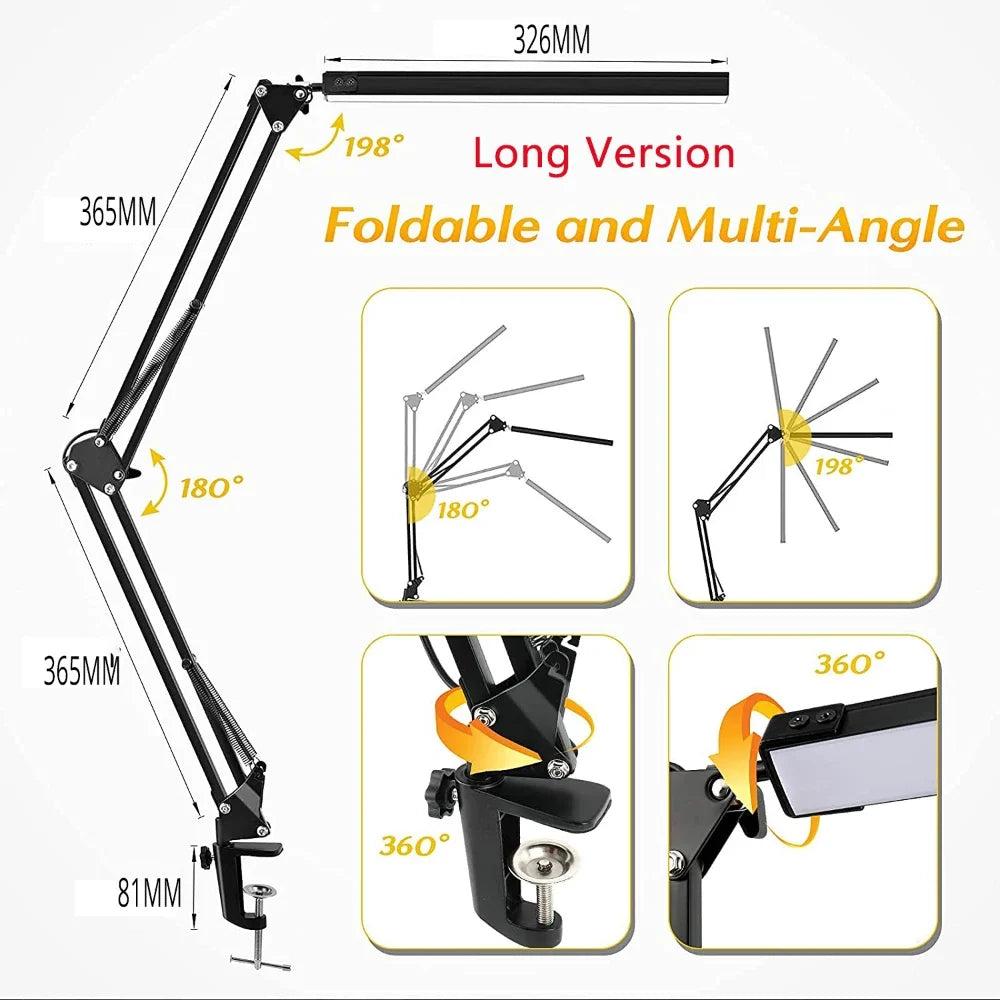 LED Clamp Desk Lamp, 10W Swing Arm Light, Dimmable with 10 Brightness Levels and 3 Lighting Modes, 5V AC - product view 2