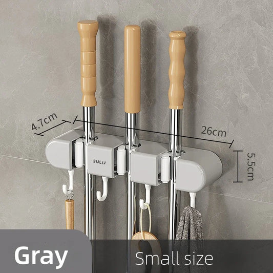 Wall-Mounted Broom Holder, PS Mop Hanger with Storage Shelf Design, Traceless Hanging Organizer in White or Gray - product view 1