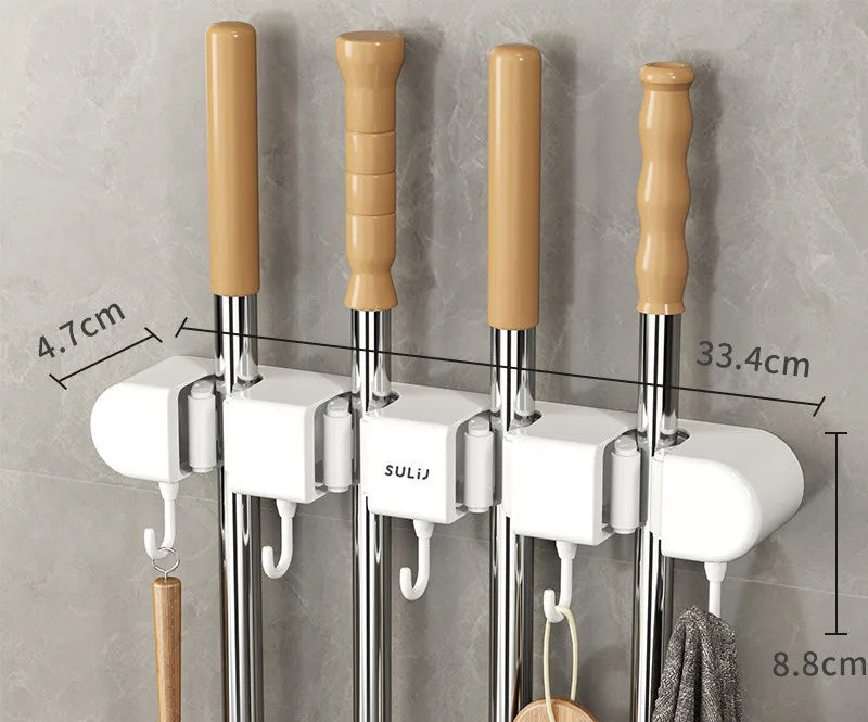 Wall-Mounted Broom Holder, PS Mop Hanger with Storage Shelf Design, Traceless Hanging Organizer in White or Gray - product view 2