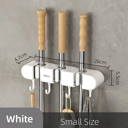 Wall-Mounted Broom Holder, PS Mop Hanger with Storage Shelf Design, Traceless Hanging Organizer in White or Gray - product view 4