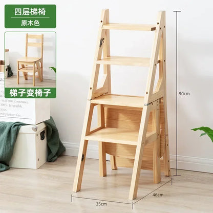 Solid Wooden Folding Ladder Chair, Multi-Functional Indoor Ladder Stool with Self-Contained Installation - product view 2