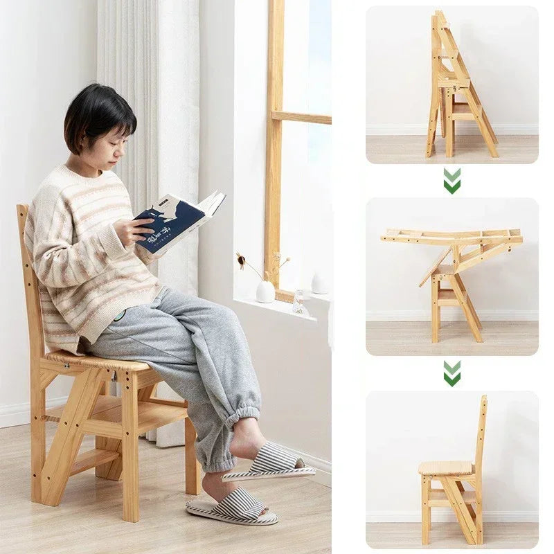 Solid Wooden Folding Ladder Chair, Multi-Functional Indoor Ladder Stool with Self-Contained Installation - product view 6