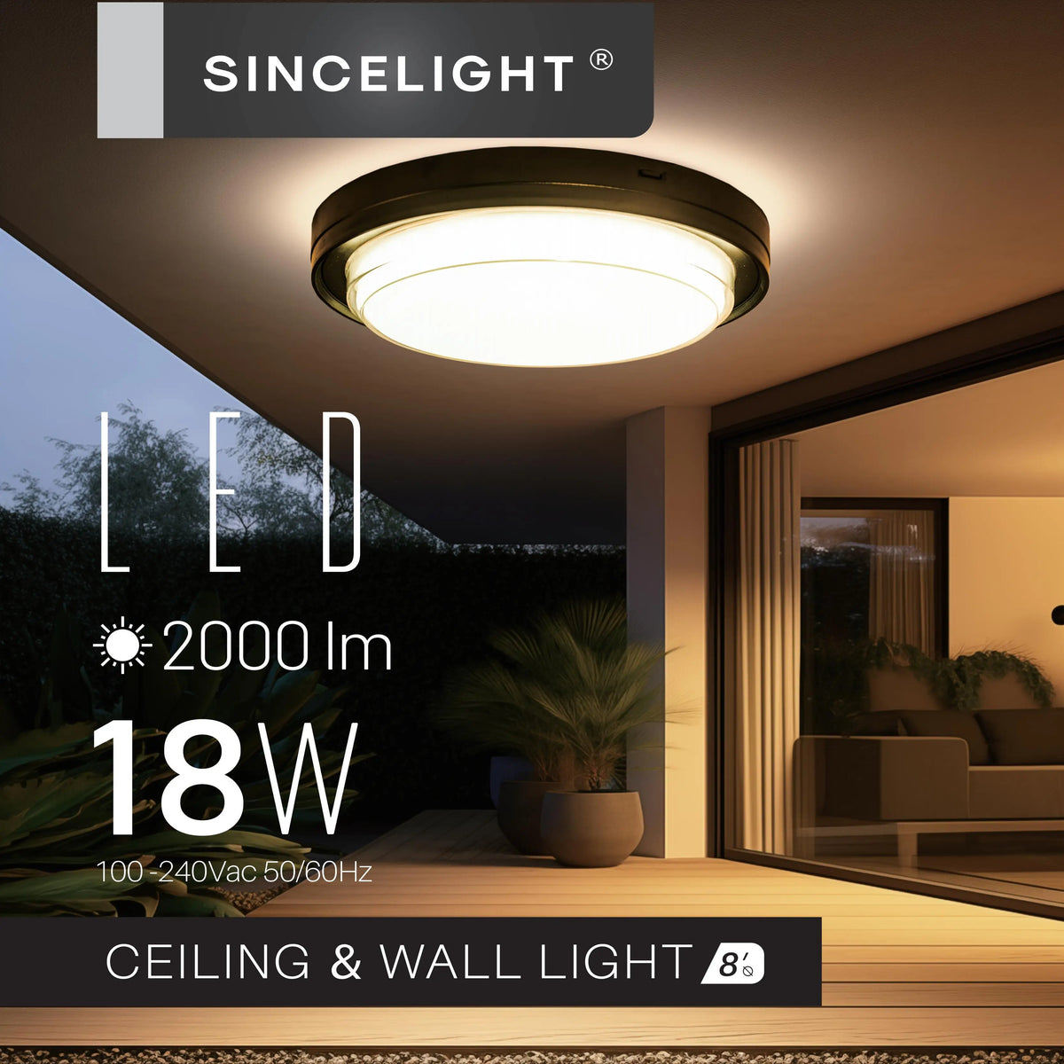 LED Outdoor Ceiling and Wall Light, 18W 3CCT Color-Selectable, 110–240V, 222mm Modern Bulkhead for Home and Garden - product view 2